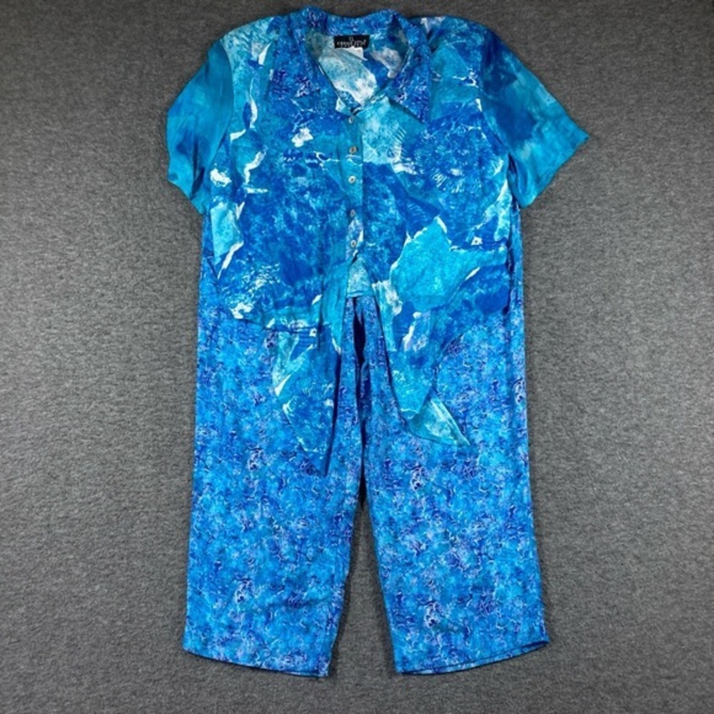 Carole Little Petites Outfit Women 12 Blue Abstract Art tie front‎ shirt capri